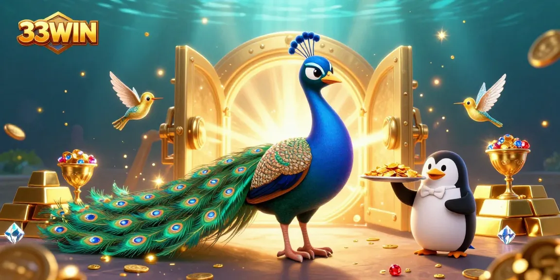 Engage with thrilling gaming at 33WIN, where gold and jewels abound in a vibrant casino illustration.