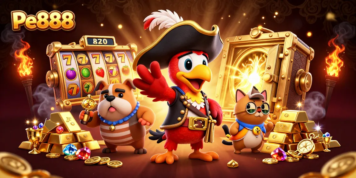 Experience Pe888's thrilling slots with vibrant characters and a treasure-filled casino backdrop.
