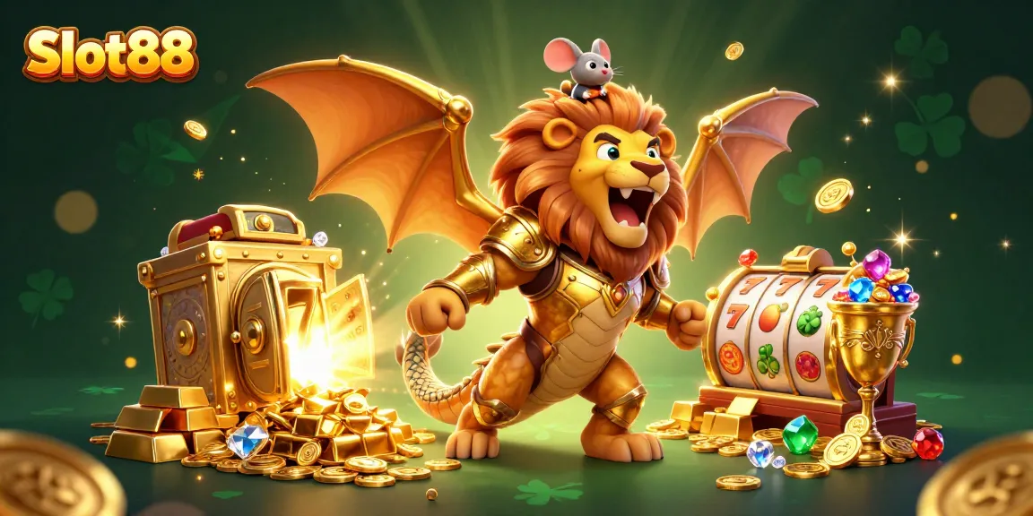 Menggulung gulungan Slot88 dengan makhluk chimera berkilau dalam balutan emas di latar belakang harta karun cemerlang.