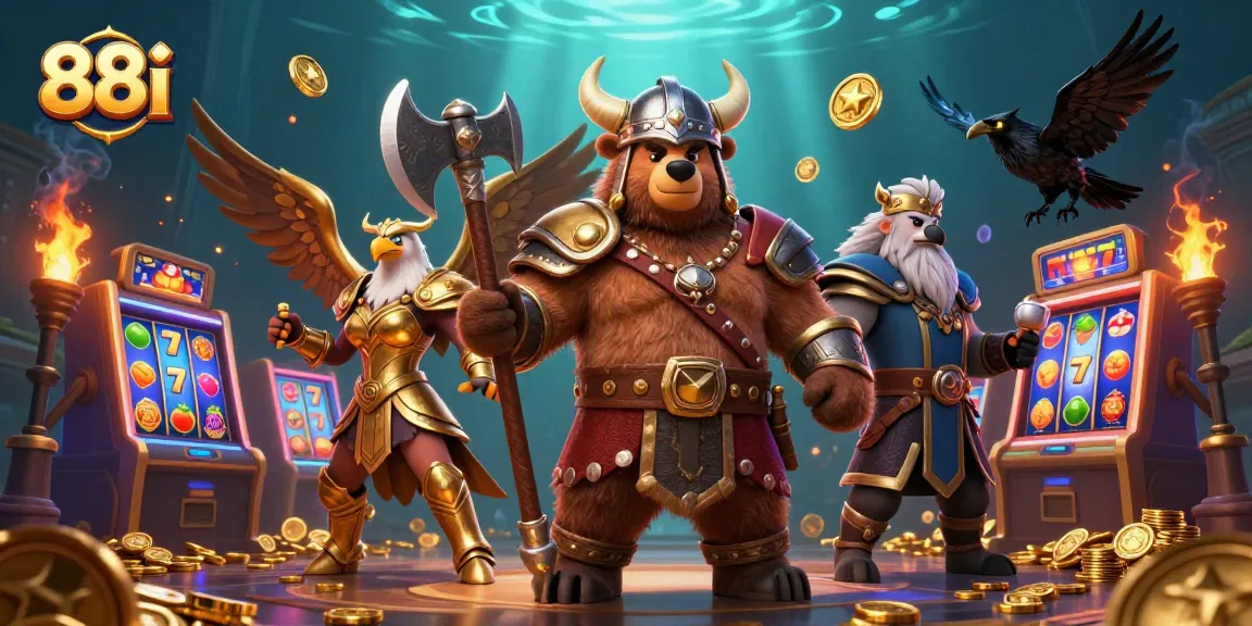 Engage with thrilling 88i casino adventures featuring a Viking bear and Valkyrie eagle in vibrant action.