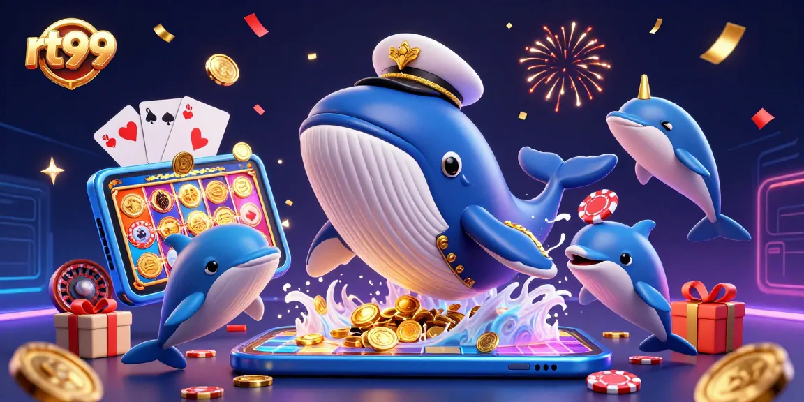 Experience the excitement of gaming at rt99 with a whale, unicorn, and dolphins in a vibrant casino scene.