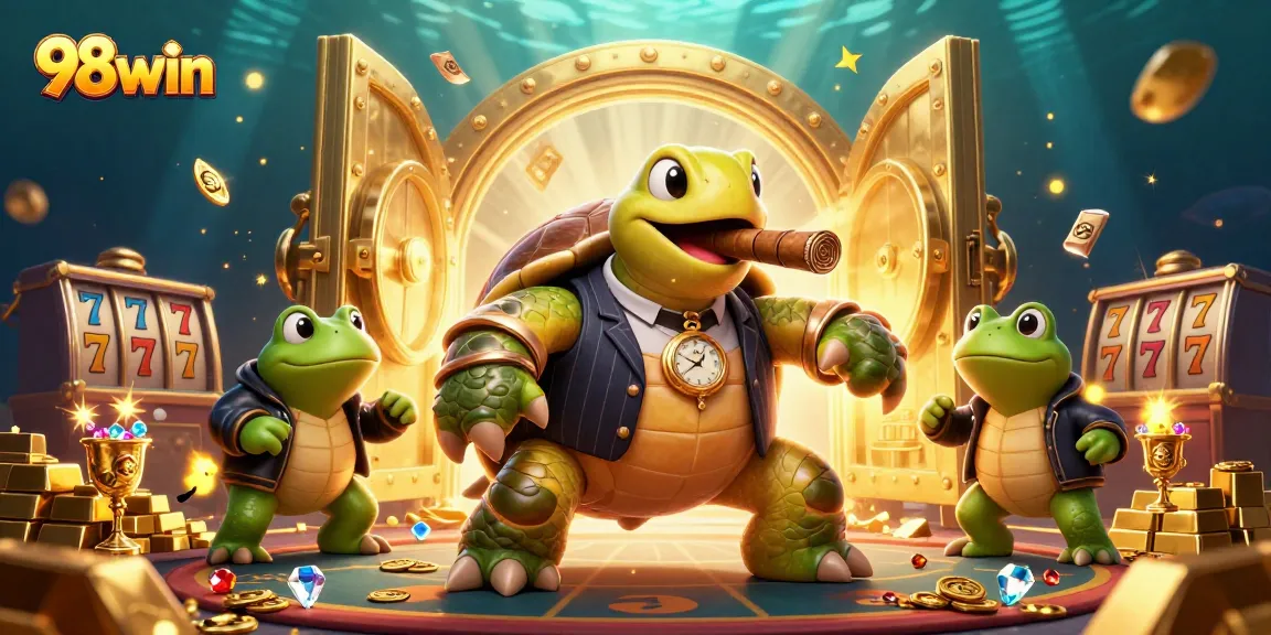 Engage with the 98win casino world featuring a mobster turtle and bullfrog enforcers amidst vibrant slot action.
