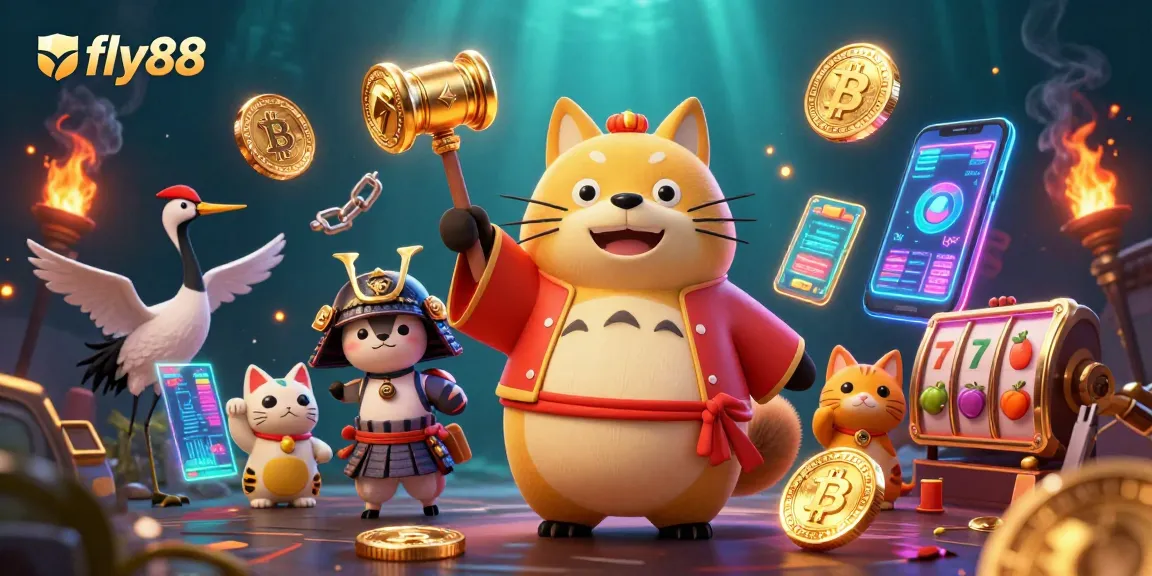 Experience the thrill of fly88 with a vibrant 3D scene of tanuki, NFT coins, and casino elements.