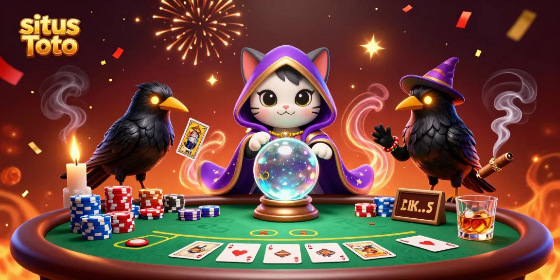 Engage in situs Toto excitement with a mystical cat fortune teller and raven surrounded by vibrant casino elements.
