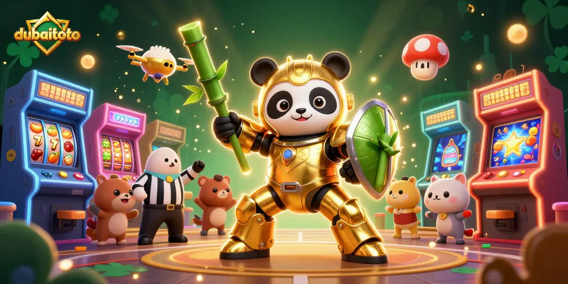 Experience dubaitoto in an energetic casino scene with vibrant 3D elements of games and characters.