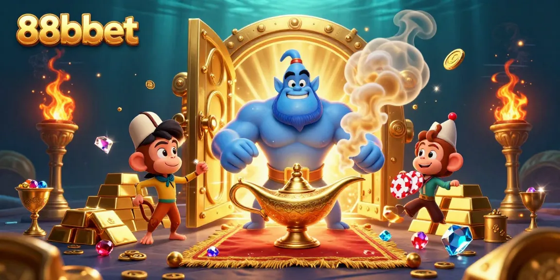 88bbet offers an exciting experience as the genie brings casino treasures to life in this dynamic illustration.