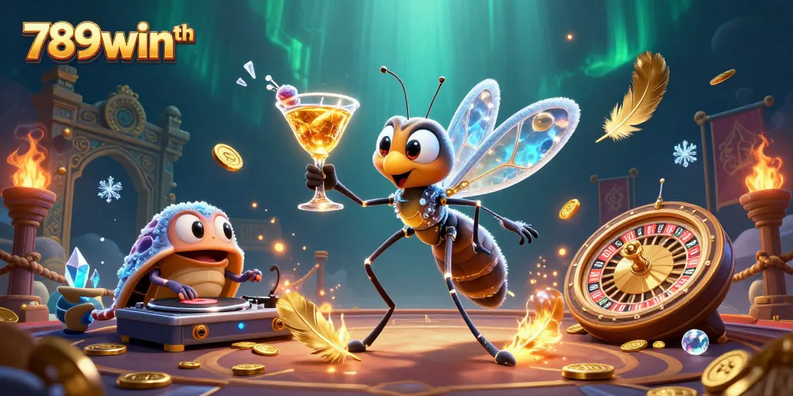 Engage in thrilling casino action with 789winth featuring a vibrant scene with a frozen-in-amber mosquito mascot and roulette wheel.