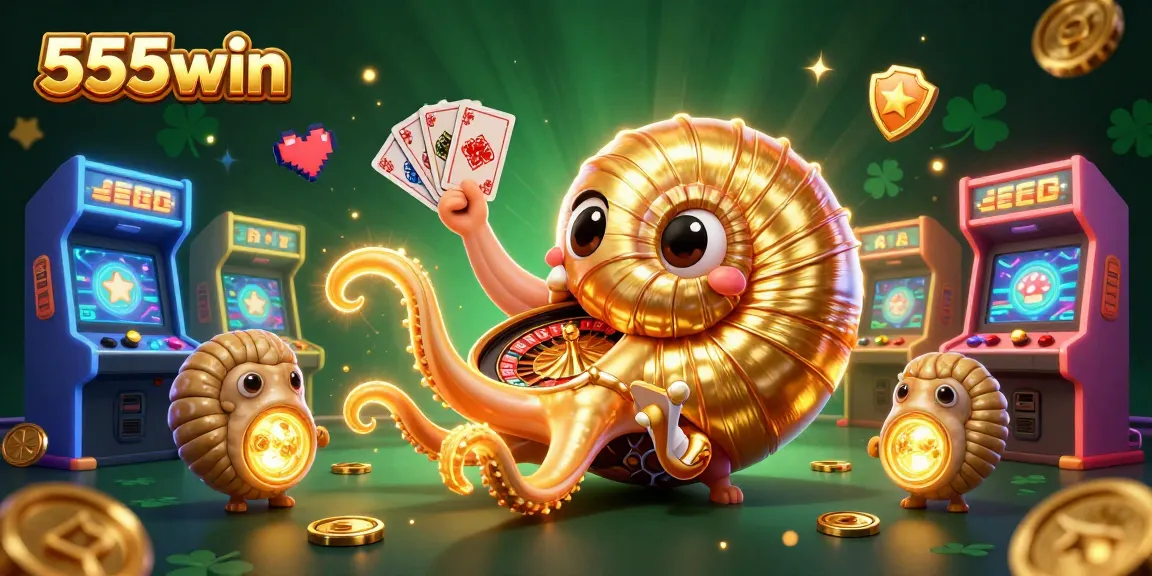 Experience thrilling games at 555win, featuring interactive 3D illustrations with casino icons.