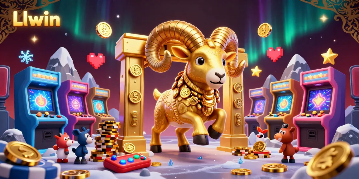 Engage in thrilling gaming activities at Llwin with dynamic golden ram characters and vibrant arcade elements.