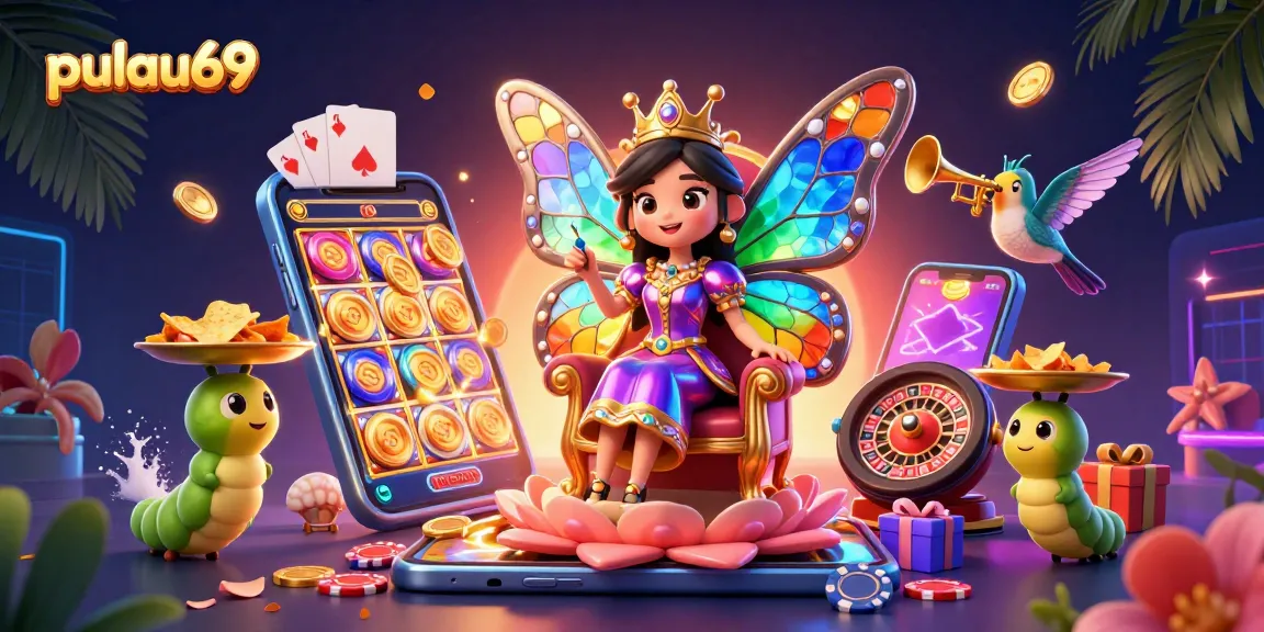 Experience pulau69 with a vibrant casino scene featuring a butterfly queen and dynamic game elements.