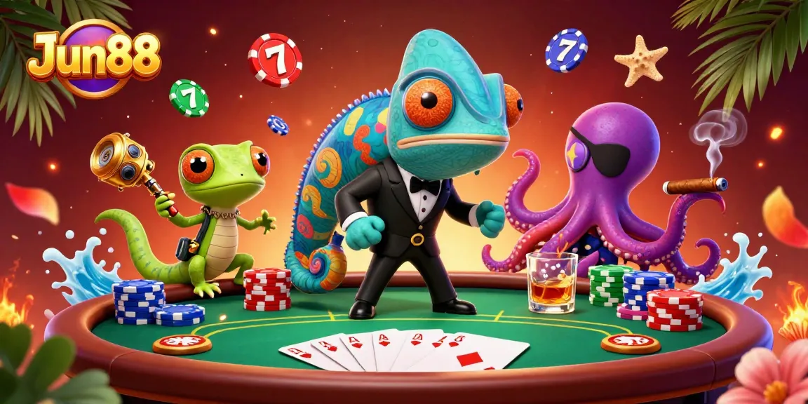 Experience exciting gameplay with Jun88's colorful casino scene showcasing poker, slots, and characters.