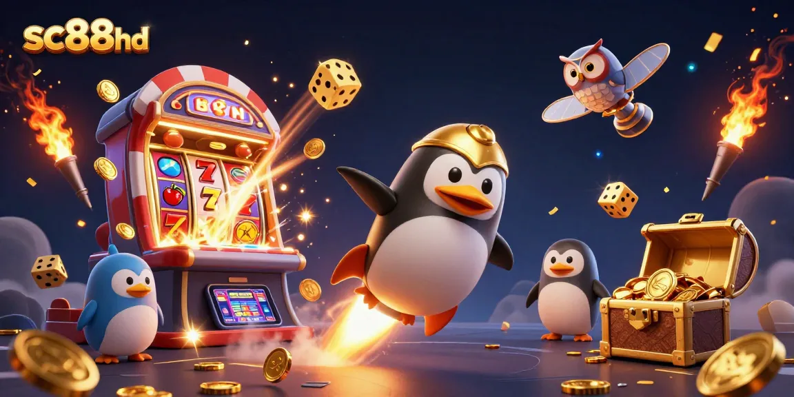Experience thrilling fun with sc88hd's golden penguin and casino excitement in a vibrant scene.