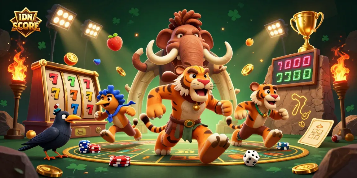 IDNSCORE presents a vibrant 3D illustration showcasing a fun-filled casino adventure with unique characters.