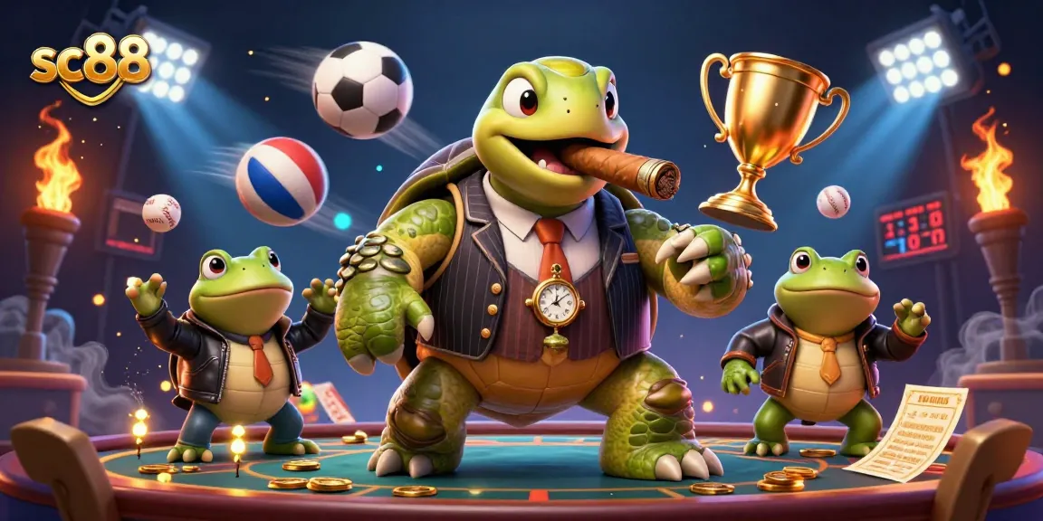 Experience the thrill of sc88 with a massive snapping turtle mobster and bullfrog enforcers amid vibrant casino action.
