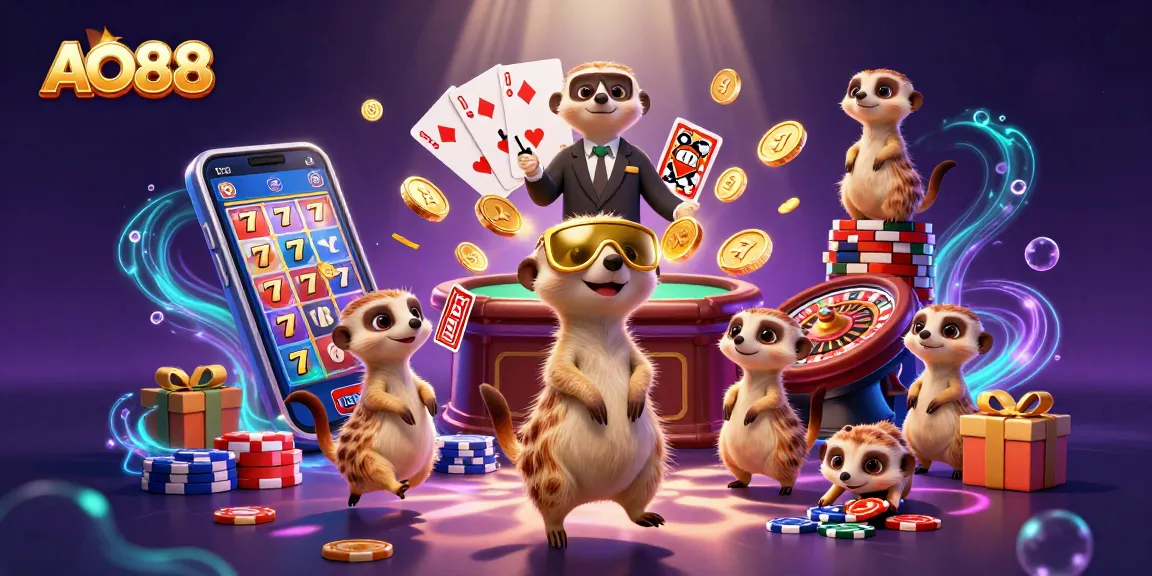 Engage with AO88 as meerkats run a vibrant casino operation with colorful slot games.