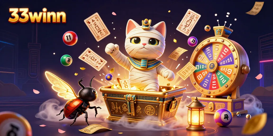 33winn bursts with excitement as a mummy cat and a glowing scarab animate the casino scene with vibrant game elements.