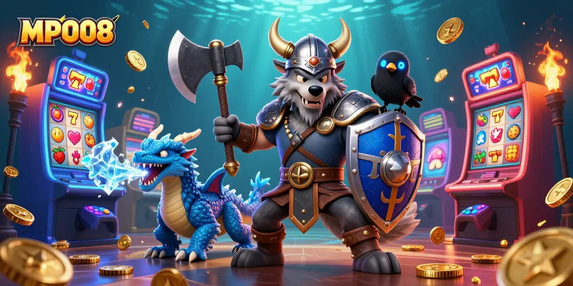 MPO08 slots illustration featuring a Viking wolf warrior, dragon, and glowing game elements.
