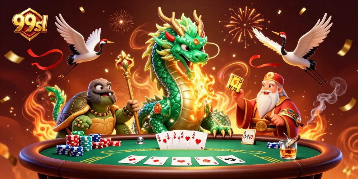Experience thrilling wins at 99sl with an enchanting 3D casino scene featuring a dragon and turtles.