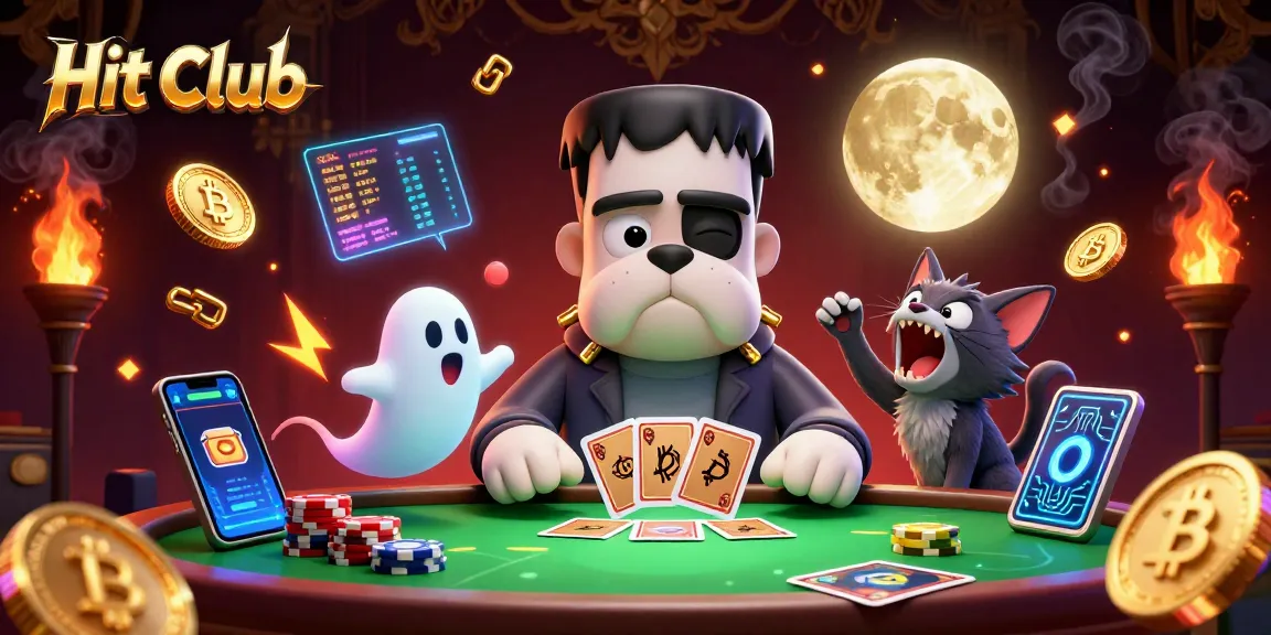 Hit Club's exciting gameplay features a bulldog monster dealing cards amid floating coins.