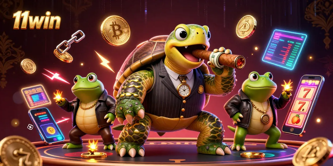 Engage with the 11win casino scene featuring a snapping turtle in a mobster suit, crypto elements, and vibrant visuals.