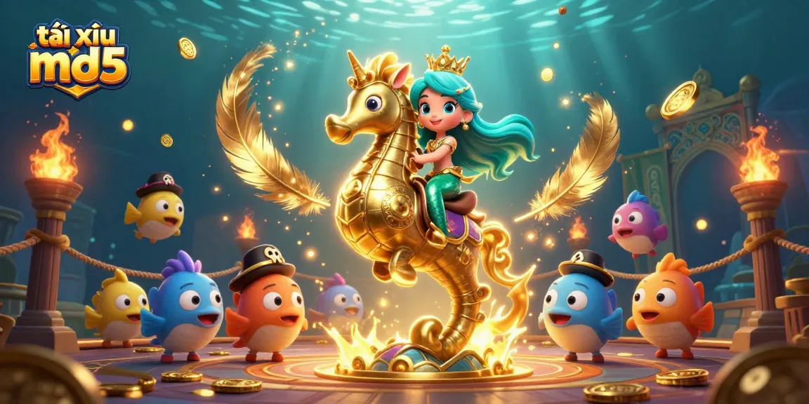 Engage with the vibrant tài xỉu md5 scene featuring a mermaid princess and giant seahorse in a captivating casino.