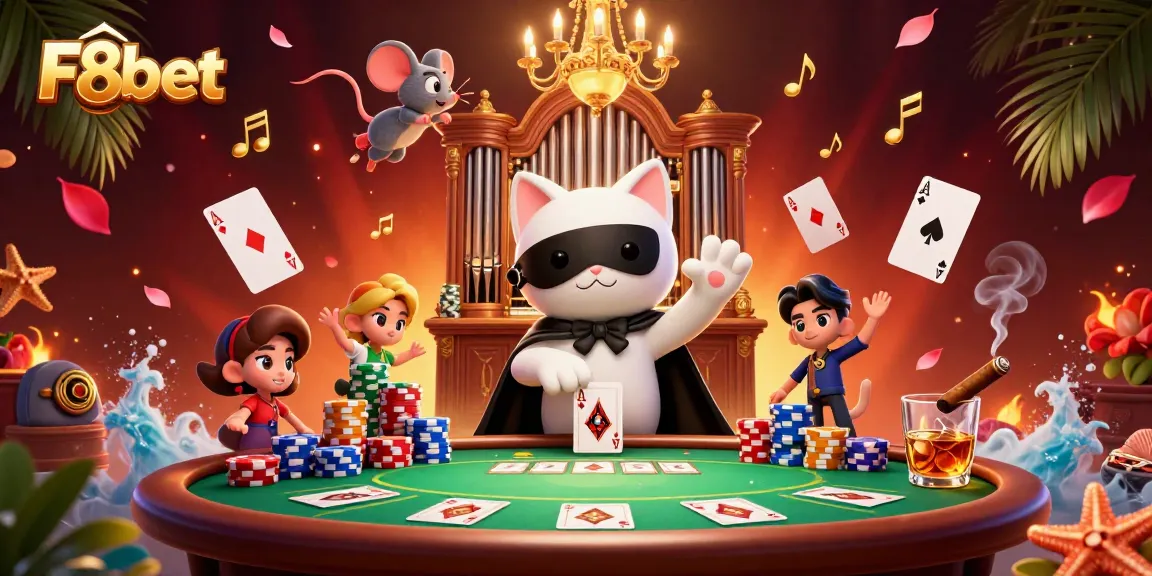 Experience F8bet's thrilling casino ambiance with unique characters and vibrant game elements.