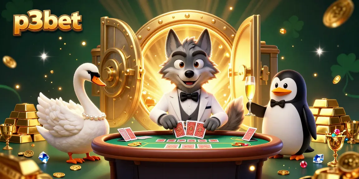 Experience the thrill at p3bet with a debonair wolf, elegant swan, and sophisticated penguin in a casino scene.