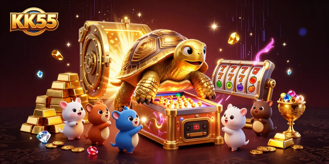Experience the excitement of KK55 with a colorful illustration featuring a golden tortoise pinball machine.