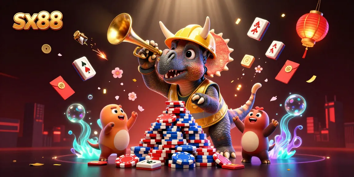 SX88 illustrates a lively casino scene with a triceratops celebrating amidst poker chips and floating mahjong tiles.