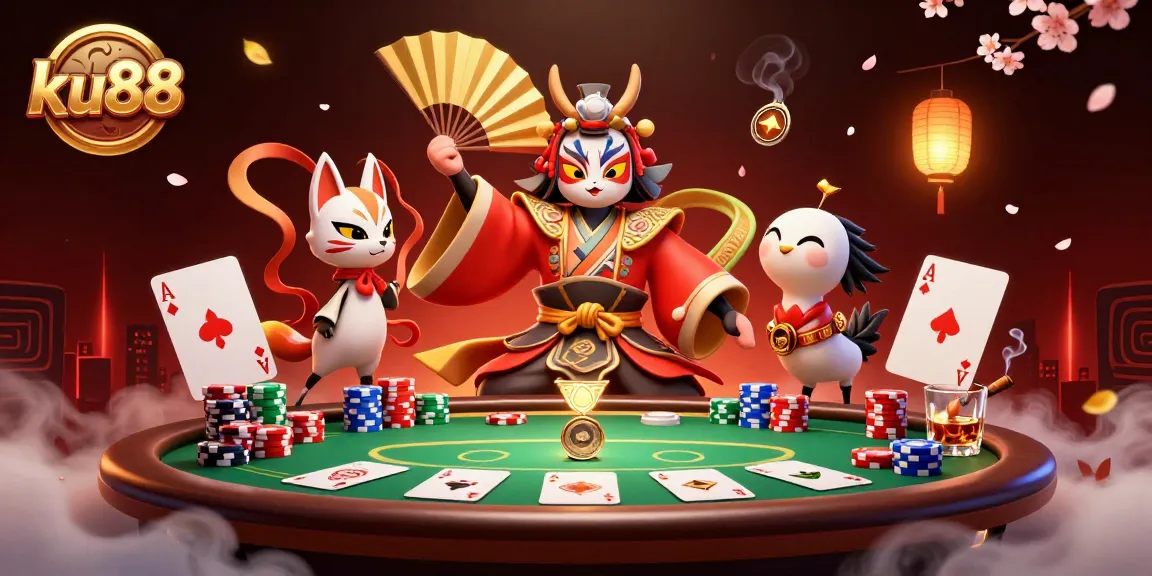 Engage in high-stakes poker at ku88 with a vibrant 3D casino scene filled with action.