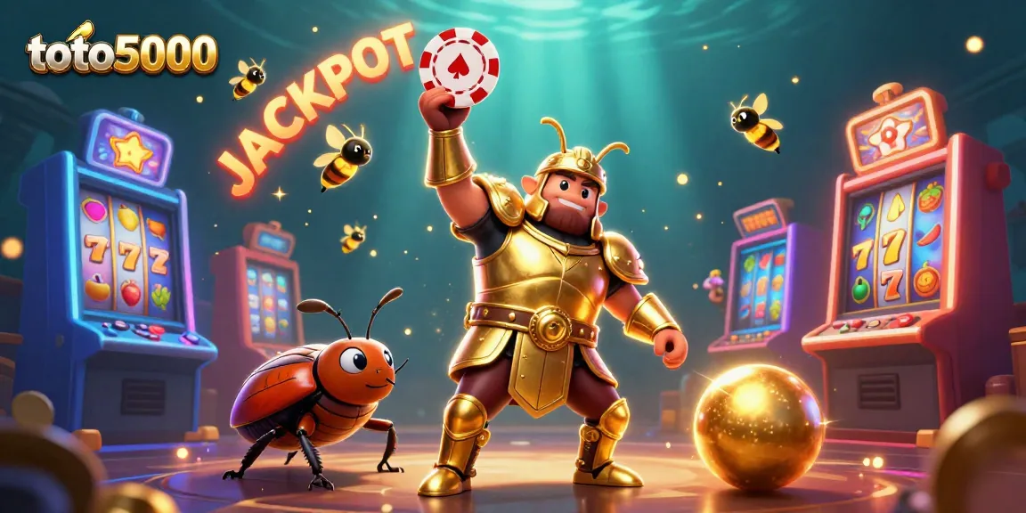 Experience the thrilling action of toto5000 as a hercules beetle celebrates a big win surrounded by colorful slot machines and glowing game elements.