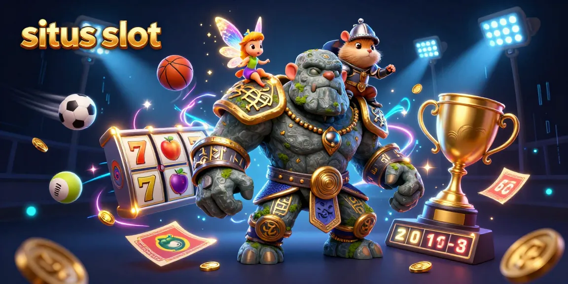 Experience situs slot magic with a golem guardian, fairy, and hamster knight in a vibrant casino adventure.