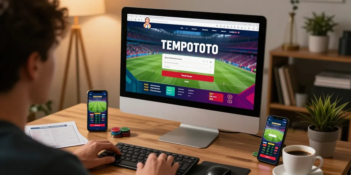 A player at the TEMPOTOTO login screen, surrounded by betting materials creating an engaging gambling atmosphere.
