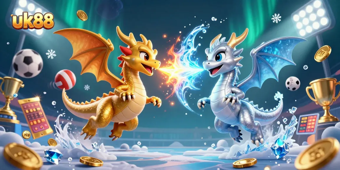 Engage with dynamic gaming at uk88 featuring vibrant 3D dragons and sports betting elements.
