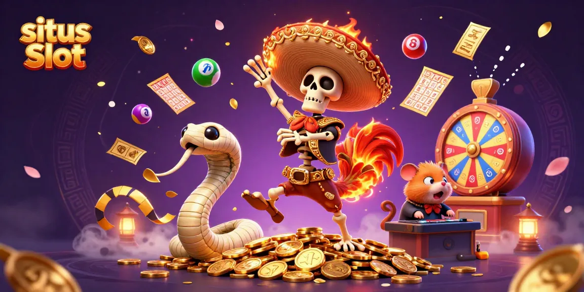Situs Slot scene with a celebrating skeleton mariachi rooster and festive elements in a dynamic casino setting