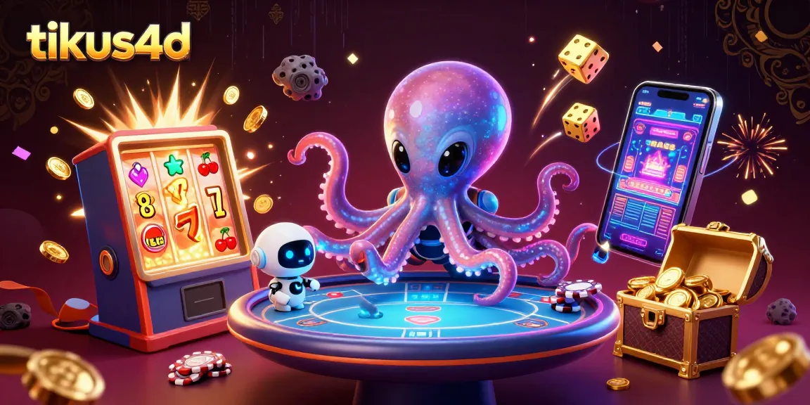 Experience tikus4d's electrifying gameplay with a 3D octopus at a holographic poker table amidst dynamic casino elements.