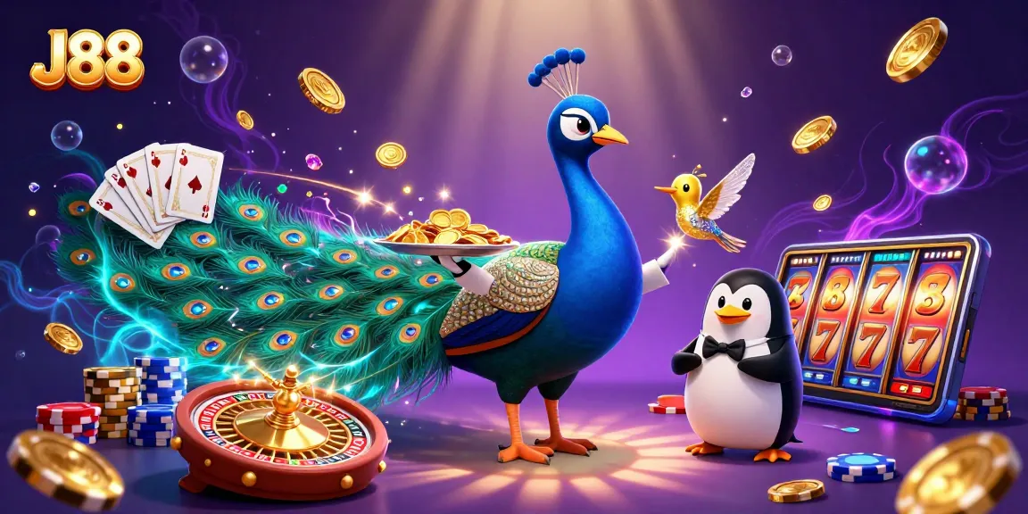 Engage with J88’s vibrant casino adventure featuring a colorful peacock and penguin amid riches.