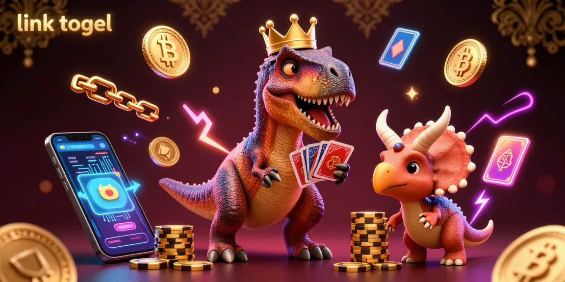 Enjoy thrilling link togel action with a colorful 3D casino illustration featuring T-Rex card shuffling.