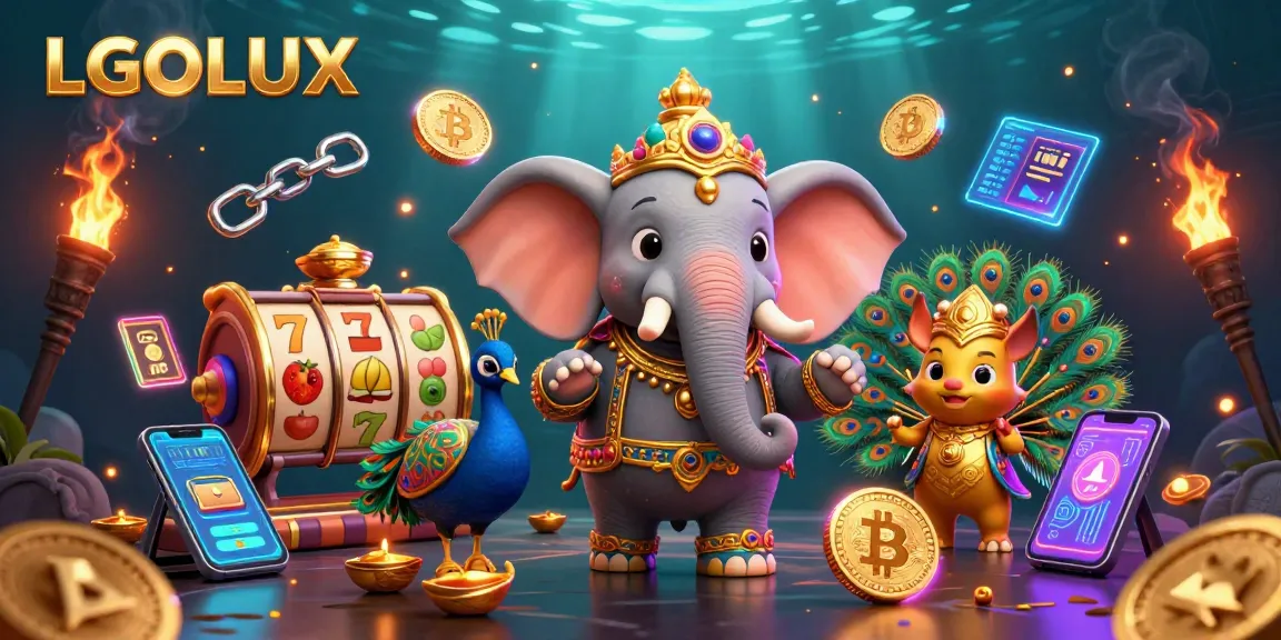 Experience LGOLUX's vibrant slots scene featuring a decorated elephant and crypto elements, all in rich 3D detail.