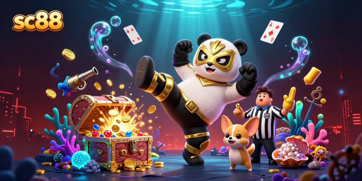 Exciting sc88 scene featuring a panda wrestler and chihuahua referee amidst bubbling treasure and neon casino elements.