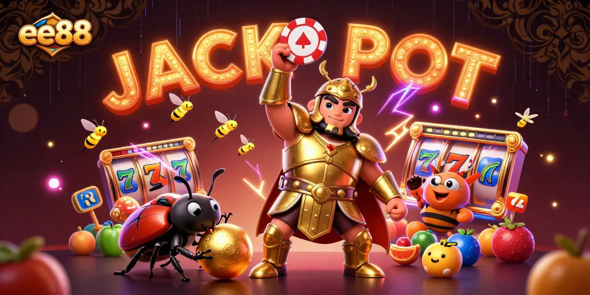 ee88 showcases an exciting gaming scene with cartoon characters celebrating a jackpot amidst vibrant slot elements.