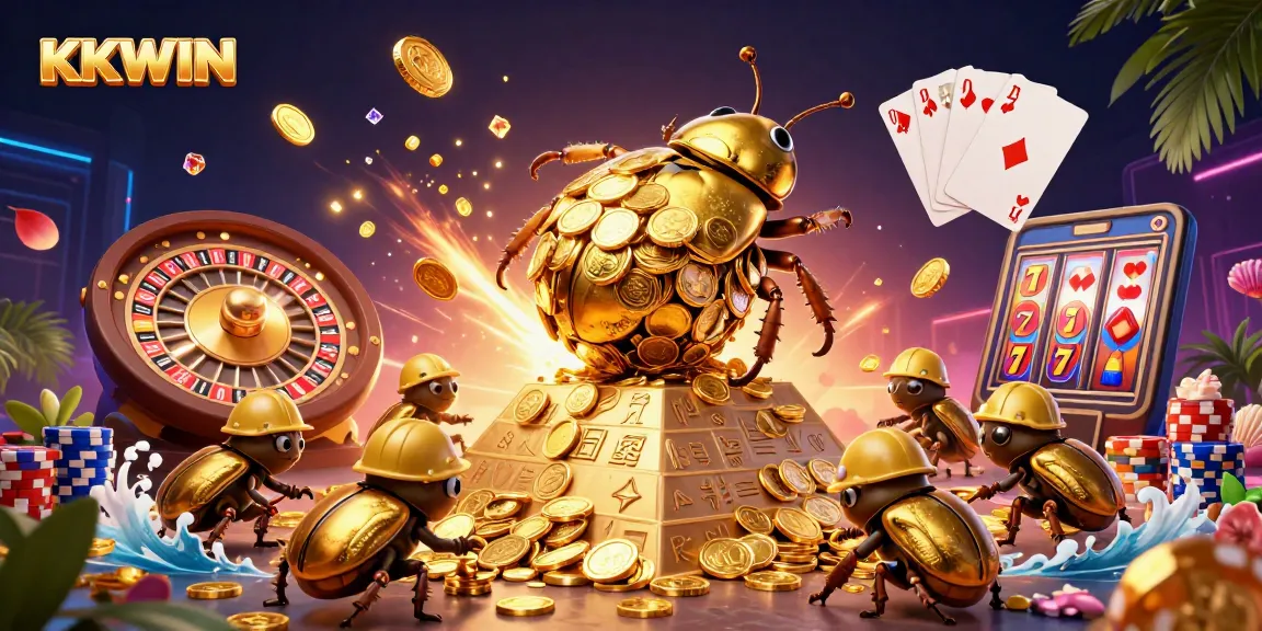 Experience KKWIN's vibrant casino world with golden coins, beetles, and exciting game elements.