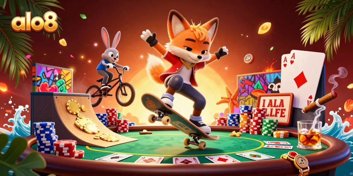 Engage in exciting gameplay at alo8 with a vibrant 3D illustration of fox and rabbit in a casino setting.