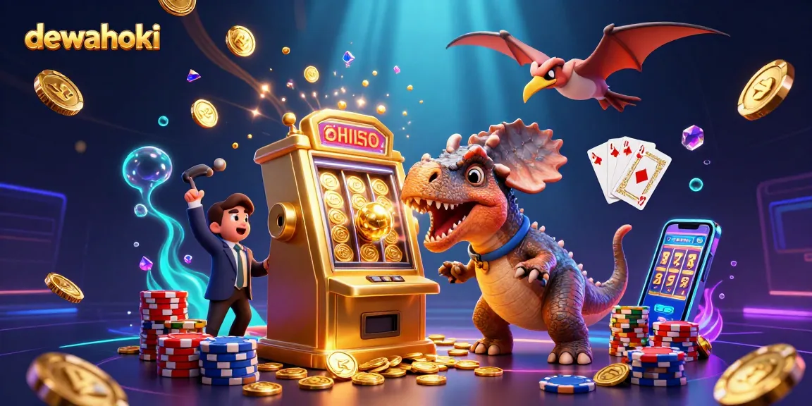 Experience jackpot excitement with dewahoki's vibrant casino scene featuring a pachycephalosaurus smashing a slot machine.