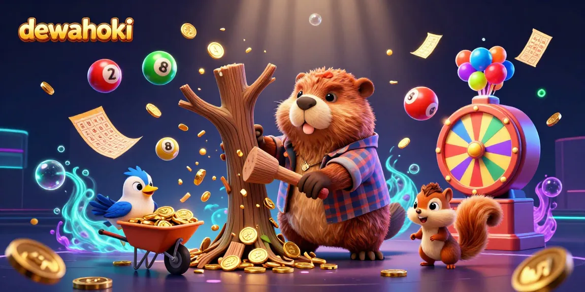 Dewahoki players win big with a beaver chopping coins in a vibrant casino scene of joy.