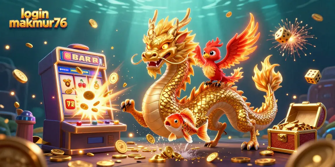 Experience thrilling wins at the casino with login makmur76, featuring vibrant dragons and coins.