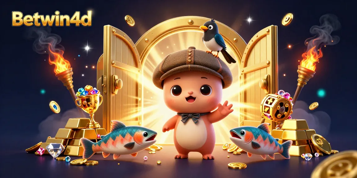 Engage with Betwin4d's vibrant slot gaming scene featuring cartoon characters and golden treasures.
