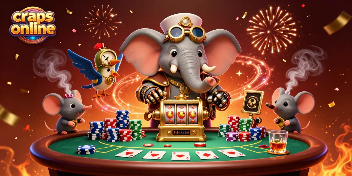 Craps online scene featuring a steampunk elephant engineer at a poker table, surrounded by colorful poker chips.