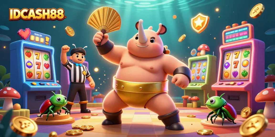 Experience the thrill of IDCASH88 with a cartoon beetle champion showcasing casino action in a vibrant scene.
