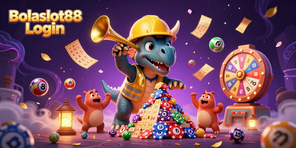 Bolaslot88 Login showcases an exciting scene with a triceratops building poker chips, celebrating with vibrant lottery elements.